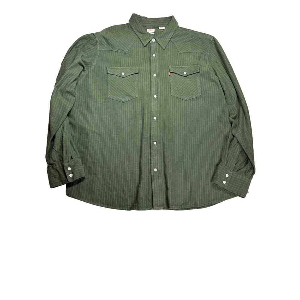 Levis Mens XXL Western Shirt Green Stripe Pearl Snap Standard Fit Cowboy